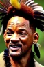 Placeholder: ein perfektes bild von will smith als indianer,kopf portrait,realistic, steinzeit, perfect face, sharp focus, woods, kostüm, häuptling, federn,8k quality, night ,stars