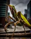 Placeholder: a national geographic style photograph of a eagle mantis lizard hybrid attacking detroit