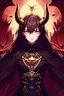 Placeholder: Possessed, vampire queen, front facing, dark, gold horns, dark castle background