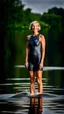 Placeholder: athletic woman, full body shot, short grey triathlon swimsuit, short wavy bob haircut, photographed at the river