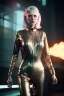 Placeholder: retro sci-fi portrait image from 1980, New York street explosions, fire, scared people, sweet young blonde woman walking, tight latex suit, soft color, highly detailed, unreal engine 5, ray tracing, RTX, lumen lighting, ultra detail, volumetric lighting, 3d, finely drawn, high definition, high resolution.