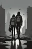 Placeholder: four persons, standing, silhouette, comic book,post-apocalypse, gray background, backpack,