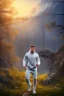 Placeholder: running men portrait , white jogging suite , in the sunset Alps, golden light , holding leaves and flowers , angels background, volumetric light, high detail, dark leaf tree, dark mountains in background, perfect