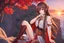 Placeholder: woman with long brown hair, red eyes, pale skin, highly detailed, intricate background, intricate face, sitting on a cliff during sunset, contemplative, anime style, Genshin Impact inspired, wears a Genshin Impact pyro vision amulet, dynamic composition