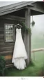 Placeholder: A wet washed wedding dress hanging on a rob on a farm with barely farm, a stormy foggy sky in the background