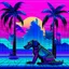 Placeholder: A 2D Vaporwave would depict the robotic dog from Doctor Who in bright neon purples, pinks, and blues, with digital glitch patterns, gradient transitions, and a retro-futuristic background of grid patterns, pixel art palm trees, and Japanese kanji characters, blending K-9’s boxy, angular form with the nostalgic and surreal aesthetics of vaporwave, he is a robot dog, and is blocky.