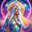 Placeholder: full body photorealistic portrait of a gorgeous smiling amazonian spiritual goddess with long parma white hair, tight hips with a tron like body suit tribute to the galaxy in a cosmic surounding only blue , pink and yellow, crystal jewels