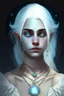 Placeholder: hauntingly beautiful character for dnd, young fem woman with white hair and blue eyes, angel, with moon necklace