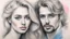Placeholder: portrait of a man and a blonde woman, love, charcoal, pencil, pink lips, blue eyes, fine drawing, hand with a brush