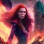 Placeholder: Wanda Maximoff, mulher, jovem, cabelos ruivos, olhos vermelhos, raiva, corpo inteiro, fundo cidade destruída, cores brilhantes, de lado destruindo algo com sua magia vermelha, traje da feiticeira escarlate, dramatico, 4k render, imagem cinematográfica. Cores frias, magia em suas mãos, magia vermelha claro