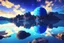 Placeholder: blue exoplanet in the sky, water reflection, rocks, vegetation, hd