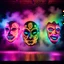 Placeholder: Hyper Realistic Photographic-View of 2-Neon-Lighting-Comedy-Masks-Floating On A Cultural Stage with Cultural-Celebration & Cultural-Ornaments Wall Background With Fog showing Cinematic & Dramatic Ambiance.