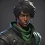 Placeholder: Assassin anime character, Hiro, with slightly dark skin and green eyes, with a background as an profile 3D graphical art