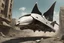 Placeholder: small, sleek, cargo spaceship, looking like a manta ray, landing on a destroyed alien street, photorealistic, highly detailed