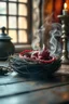 Placeholder: demon [A tiny red dragon sleeps curled up in a nest on a medieval wizard's table]. Shot with a macro lens (f/2.8, 50mm) and a Canon EOSR5, the soft focus captures [the cozy morning light filtering through a nearby window]. The pastel colors and whimsical steam shapes enhance the serene atmosphere, evoking a DnD RPG setting. The image is rendered in 16K and 8K, highlighting [the intricate details and medieval charm]