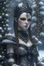 Placeholder: A beautiful decadent goth Warrior Princess t portrait, in front of a snow covered christmas tree, christmas decadent goth metallic filigree ornaments embossed foral mineral stone ribbed christmas ornaments organic bio spinal ribbed detail of bokeh christmas lights background extremely detailed maximálist hyperrealistic concept art