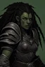 Placeholder: dungeons and dragons character portrait of a very strong and big beast human female warrior wearing black armor with black skin and dreadlocks and thick eyebrows and big nose and big fangs and green eyes and visible tusks