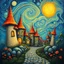 Placeholder: A whimsical fantasy painting inspired by Van Gogh's swirling style, depicting an enchanting magical village with organic, mushroom-like towers topped with vibrant orange and reddish conical roofs. Curved walls and glowing windows radiate warmth and life. The dramatic sky swirls with deep blues and bright yellows, featuring two radiant celestial bodies casting golden light. Spiral motifs and flowing curvilinear elements fill the composition, creating a dreamlike atmosphere. A cobblestone path in