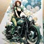 Placeholder: create a highly ethereal, darkly magical full body illustration of a girl on her motorcycle, with highly detailed and deeply cut facial features, in the style of GUSTAV KLIMT, EDWARD BURNE-JONES, WILLIAM MORRIS, and KATHE KOLLWITZ combined with the comic art style of BILL SIENKIEWICZ and JEAN GIRAUD MOEBIUS, searing lines and forceful strokes, precisely drawn, inked, and darkly colored