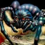 Placeholder: 90's TCG fantasy artwork art of a mutant spider with blue eyes