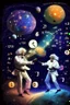 Placeholder: Albert Einstein and Richard Feynman playing with numbers & atoms in outerspace with planets, cosmic gas, stars, moons, and comets dancing around them