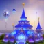 Placeholder: landscape of aztecan celestial blue temple ambient beutiful villa white gold and neon lights bright and blue bright gloss effect of a futuristic house,like spaceship, natural round shapes concept, large transparent view of the open outdoor garden,sea beach,blue sky , gold crystals,with light blue, flowers of Lotus, beutiful pools, light of sun , palmiers,cerisiers en fleurs, wisteria, sun , stars, small waterfalls