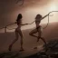 Placeholder: Two women skipping with a rope while demons and angry gods fight in the background, in the style of a Michael Moorcock book cover.