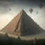 Placeholder: a old huge pyramid in the mountains with a tiny city around it, tilt shift, scary, steam punk, realistic, made in octane, cinematic, ultra-realistic, extremely detailed octane rendering, 8K, VRAY Super Real ar 2:3, dof photorealistic futuristic 50mm lens hard lighting dark gray tintype photograph, realistic lighting, sepia color