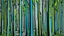 Placeholder: A mint colored forest with warped trees designed in pacific Northwest totem poles painted by Roy Lichtenstein