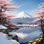 Placeholder: monte fuji,snow-capped summit,clear blue sky,no clouds,serene reflection in a lake,winding hiking trail,whispering pine trees,gentle breeze,tranquil atmosphere,pink cherry blossoms,crisp air,hiker admiring the view,majestic peak,snow-capped mountains in the distance,shimmering sunlight on the snow,peaceful solitude,ethereal beauty,serenity in nature,mountain range stretching into the horizon,captivating landscape,pristine wilderness,snow-covered slopes,transcendent experience,grandeur of nature,