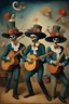 Placeholder: Bosch painting style nightmare, mariachi band of four musicians One play the trumpet and three plays the acoustic guitar wearing a maxsican hats and a girl dancing in the middle
