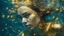 Placeholder: woman underwater, beautiful eyes, dancing underwater, gold, scales, double exposure, highlights, sparkles, clear lines, detail, fine rendering, high resolution, 64K, photorealism, precise focus, digital painting,