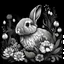 Placeholder: colorless rabbit between seeds and big flowers black background .black and white colors. for a coloring. with grayscale