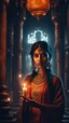 Placeholder: Shi Fi, a beautiful Indian ,in the temple holding a candle, atmospheric lighting effects, intricate industrial details, moody atmosphere, eerie grimdark ambiance, complex motherboard accents, speculative fiction art. Bokeh