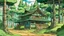 Placeholder: comic style, Ghibli style a small fairytale japanese country cottage at the end of a dirt road, surrounded by very tall pine trees