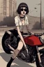 Placeholder: vampire girl with short cropped hair riding a cafe racer motorcycle