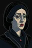 Placeholder: A portrait of a 40-years old beautiful aristocrat woman from XV century in strict dark clothes, authoritative, cold, emotionless, in the style of Genndy Tartakovsky's cartoons, uncovered head