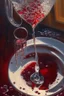 Placeholder: Wine drops from a fork looking down into a red wine glass in which a beautiful woman bathes on a modern kitchen counter, on embroidered lace, Hyper realistic, oil on canvas award winning fantastic view ultra detailed acrylic art Ultra realistic Impressionism Surrealism simen johan, sharp focus intricate oil on canvas cinematic lighting photorealistic high detail ultra detailed crisp quality in sunshine