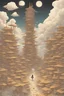 Placeholder: John Austen, Vilhelm Bjerke-Petersen, Surreal, mysterious, bizarre, fantastical, fantasy, sci-fi, Japanese anime, a gigantic tower of building blocks, piercing the clouds that can reach the moon, small flying boats flying around in the air, a beautiful girl in a miniskirt looking up from the ground, derailed masterpiece