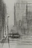 Placeholder: Pencil sketch of A car stops on an empty street, a traffic light, It's raining hard, night , houses on the side ، on lined paper