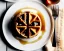 Placeholder: Round waffles with maple syrup plate, fork