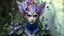 Placeholder: ivory skined flower elf single extra large lavender gold trimmed deep blue bottom iris flower top of head tons of vines trailing shoulders with tons of small leaves female blue eyes green leather armour small pointed ears