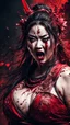 Placeholder: Huge girl samurai, face distorted with pain, screaming, tears streaming from eyes, siting pose, fullbody, splashes blood, behind guts rising from the ground, intricate, darkred tones, macro photography,