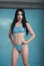 Placeholder: full body, Billie Eilish, Long, pitch-black hair, two ponytails, bangs cut straight across forehead, blue eyes, Dark, Sultry eyeshadow, eyeliner, mascara, rouge, lipstick, sky blue stained wall in the background, posing wearing an ill-fitting swimming suit, extremely muscular chest