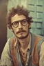 Placeholder: bohemian young ugly man with Parisian bohemian look and glasses of colours and poor and short short short and poor hair on the head with receding hairline. Farsightedness glasses with big eyes. Shirt beard in the head. Vintage look and feel like photo style-of the 70s