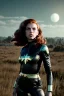 Placeholder: retro portrait image from 1960, sky background, wind, long red hair, fighting stance, sweet young Scarlett Johansson, black dress, classic long tight lycra black suit, gold bracelet and belt, high heel boots, superhero style, soft color, highly detailed, unreal engine 5, ray tracing, RTX, lumen lighting, ultra detail, volumetric lighting, 3d, finely drawn, high definition, high resolution.