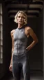 Placeholder: photography of a beautiful anorexic woman, grey satin triathlon top, sports illustrated, blond short wavy bob haircut, pronounced sternum, flat chest, anthracite cycling leggins