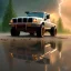 Placeholder: hyperrealistic shot, off-road truck, earth color palette, sharp focus, puddle reflection, tire water splash, refraction, rain and lightning on the horizon, shadowcast, detailed and intricate, cinematic composition, micro, tilt shift photography