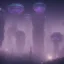 Placeholder: ALIENS FLOATING, MAGIC BUILDING, FOGGY NIGHT, GLOWING, PURPLE, TOWERS, 4K, 8K, CINEMATIC