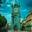 Placeholder: A greenish blue city with a clock tower designed in Mehndi design painted by Alfred Sisley